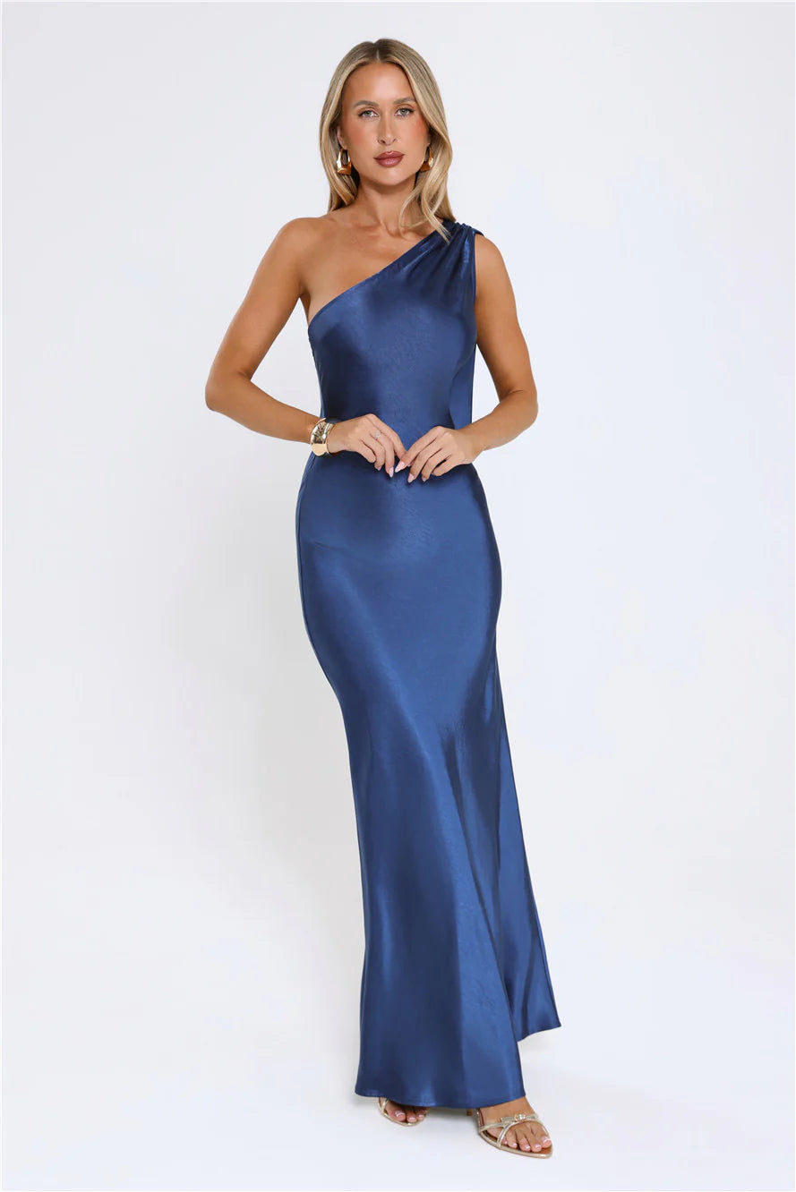 The Diamond Soirée Halter Satin Maxi Dress Navy